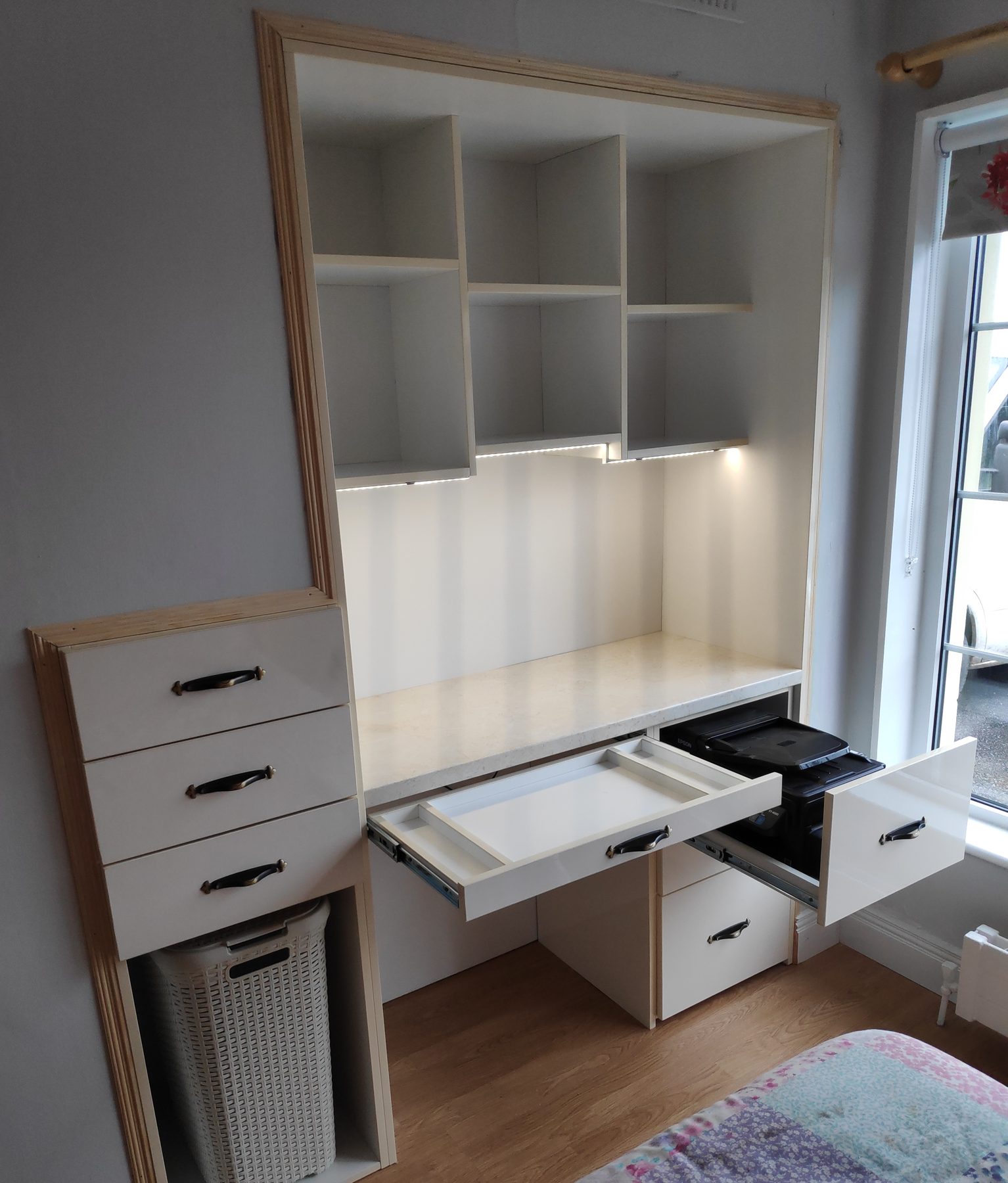 Bedroom desk with overhead shelving (finished) - fitted by Kitchen Hero