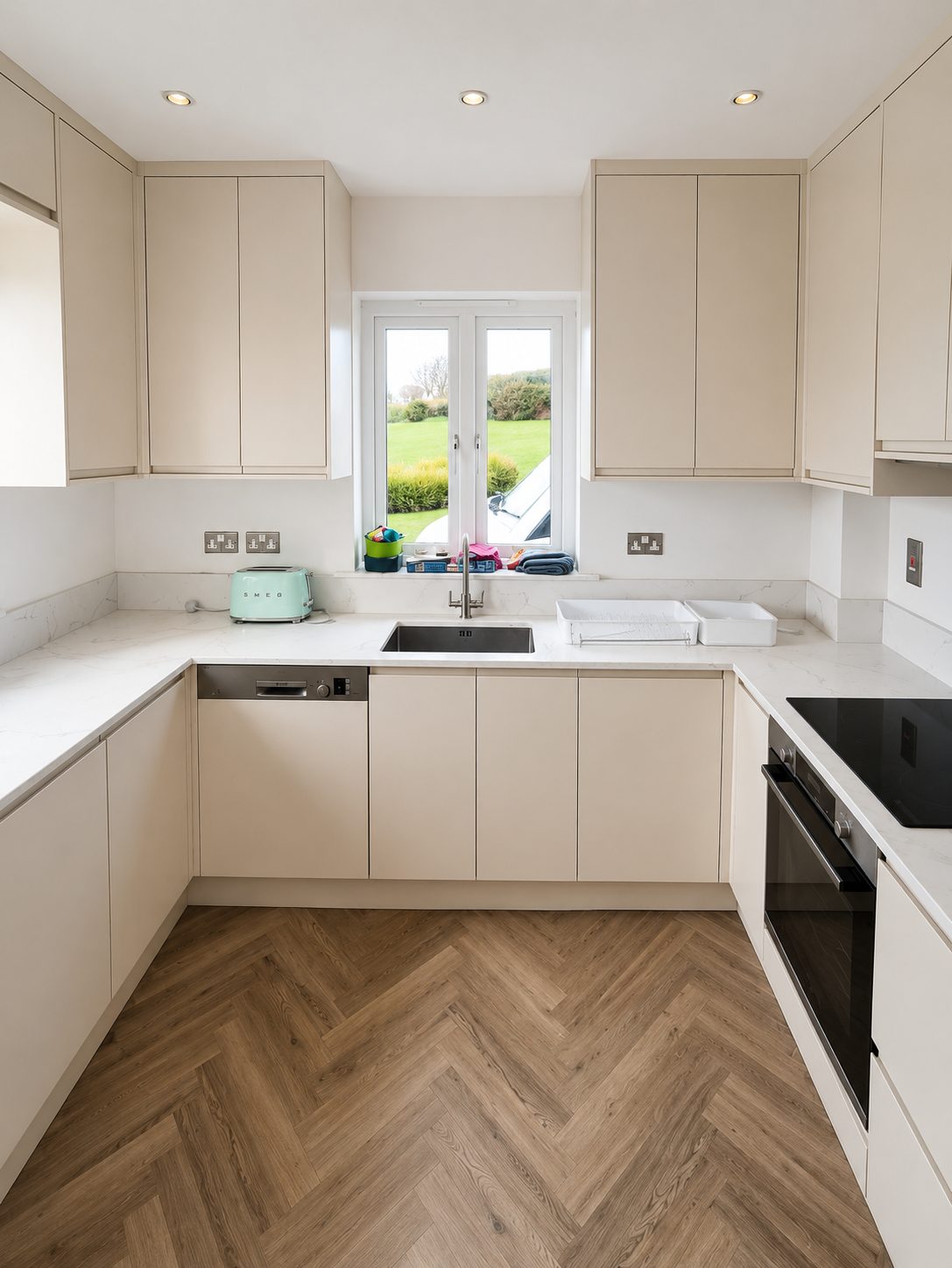 Cream handleless kitchen fitted by Kitchen Hero