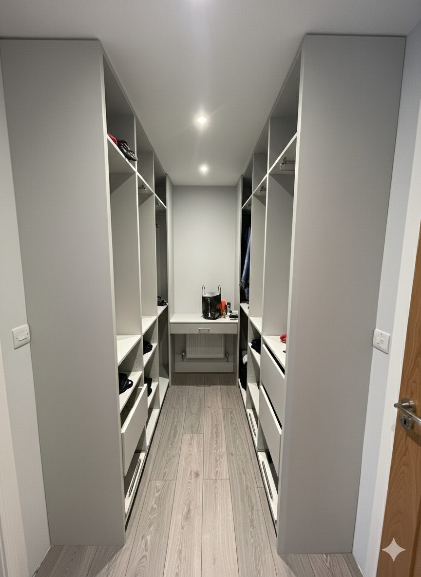 White walk-in wardrobe (finished) - fitted by Kitchen Hero