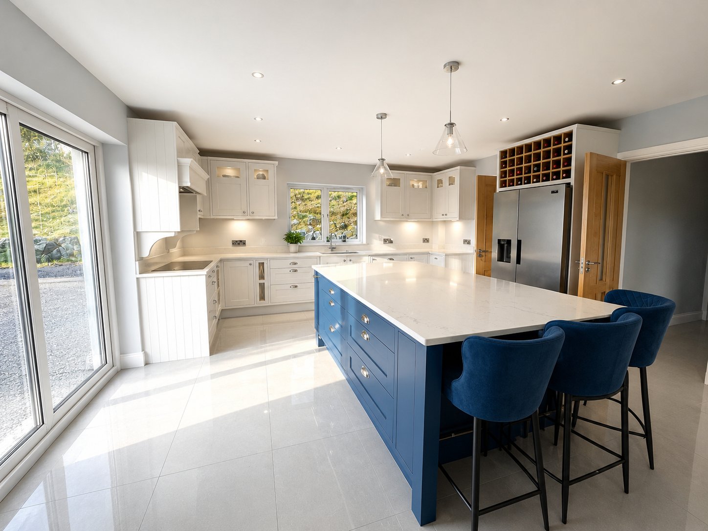 White shaker kitchen with a blue island, designed and fitted by Kitchen Hero, West Cork